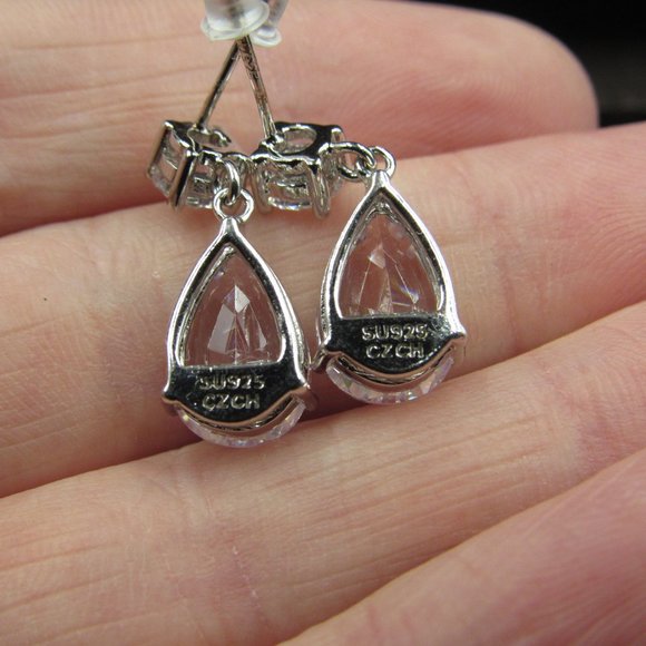 Sterling Pear & Round Cubic Zirconia Earrings - Picture 6 of 8